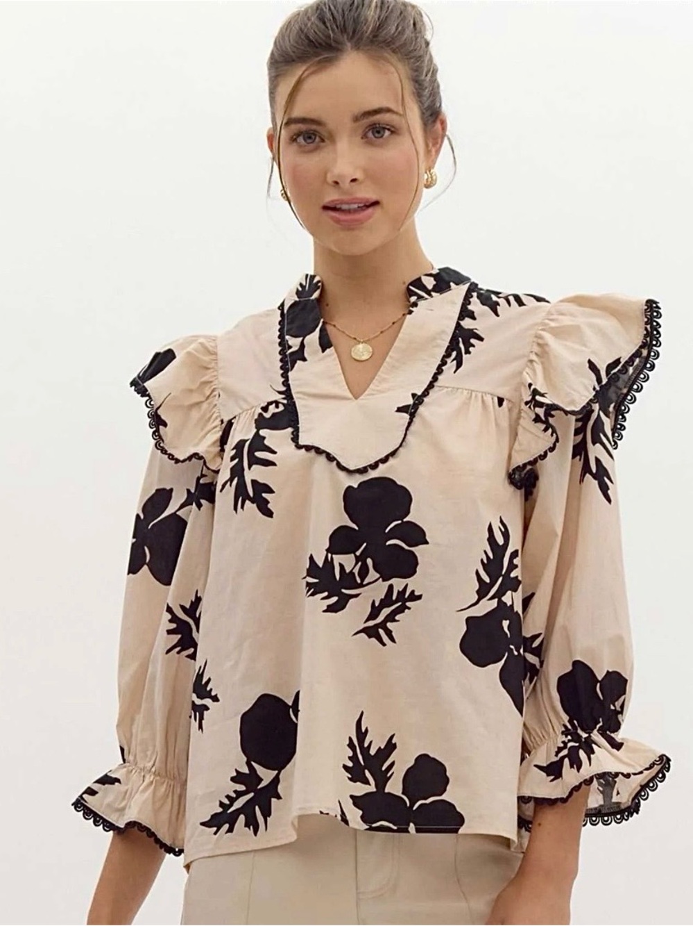 Entro Beige Blouse with Puff Sleeves and Black Floral Print and Ruffles